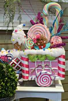 a basket filled with candy and candies on top of a table