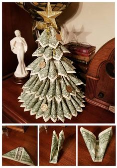 dollar bill origami christmas tree made out of folded bills with gold stars on top