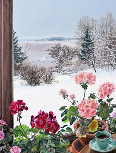 a painting of flowers on a window sill in front of a snow covered field