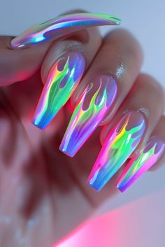 Neon Nails Square, Purple Neon Nails, Long Neon Nails, Neon Nails Long, Nails Ideas Neon, Neon Nails Ideas, Neon Nails Gel, Neon Nails Acrylic, Neon Nail Art Designs