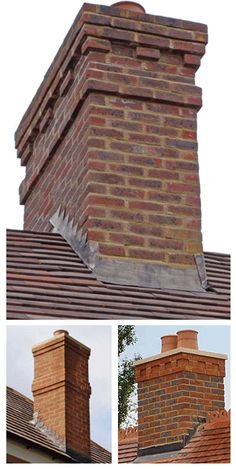 three different views of a brick chimney on top of a roof