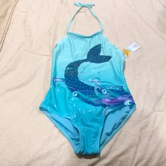 Never Worn, Brand New Beautiful Colors Teal/Green Purple And A Little White Ties Around The Neck Mermaid Tail Is 2 Sided Flips Up Or Down Cute Blue Stretch Swimwear, Cute Stretch Blue Swimwear, Playful Mermaid Swimwear For Summer, White Ties, Bath Girls, Kids Swimming, Mermaid Tail, White Tie, Cat & Jack