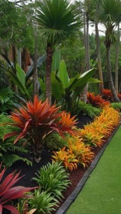 a lush green garden with lots of trees and plants in the center, along side a walkway