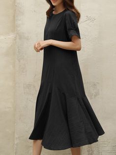 Cotton Solid Ruffle Short Sleeve Round Neck Casual Midi Dress Knee-length Fit And Flare Midi Dress With Ruffle Hem, Fit And Flare Knee-length Midi Dress With Ruffle Hem, Solid Color Knee-length Ruffle Dress, Solid Knee-length Ruffle Dress, Solid Knee-length Ruffle Dress With Ruffle Hem, Knee-length Ruffle Dress With Ruffle Hem, Summer Midi Dress With Ruffle And Flared Hem, Chic Midi Dress With Ruffle Hem, A-line Dress With Ruffle Hem For Work