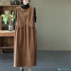 Orcajump - Vintage Corduroy Loose Vest Dress with Suspenders - Retro Corduroy Overall Dress Casual Corduroy Winter Dress, Winter Corduroy Dress With Pockets, Casual Corduroy Dress With Pockets, Casual Brown Sleeveless Pinafore Dress, Casual Sleeveless Brown Pinafore Dress, Winter Corduroy Brown Dress, Brown Corduroy Dress For Winter, Casual Corduroy Pinafore Dress For Fall, Winter Brown Corduroy Dress