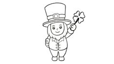 a cartoon lepreite holding a clover and wearing a hat with the irish flag on it