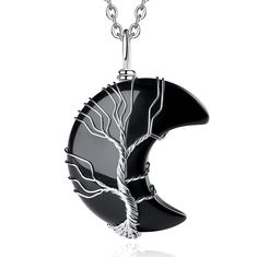 PRICES MAY VARY. [Moon Necklace]: The Ancient Greeks believed that the phases of the moon represented the changes of life, accompanied by the germination of the unconscious, which can improve people's inspiration and the clarity of the mind. Wear this crescent moon necklace to improve the quality of your body and life! [Life Tree Necklace]: The tree of life is wrapped into a perfect moon shape, can help you feel calm and relaxed, concentrate, keep your mind clear, moon stone pendant is made of n Tree Wire Wrap, Black Obsidian Necklace, Tree Of Life Wire, Black Agate Stone, Obsidian Necklace, Reiki Jewelry, Moon Phases Necklace, Life Tree, Tree Necklace