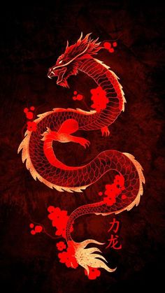 a red and yellow dragon on a black background