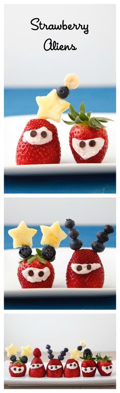 some strawberries with faces and stars on them