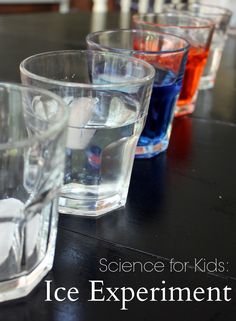 the science for kids ice experiment is set up on a table with glasses filled with liquid