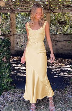 Carnation Yellow Satin Maxi Dress – Beginning Boutique US Yellow Satin Dress, Dainty Jewellery, Prom Midi Dress, Yellow Maxi Dress, Yellow Maxi, Yellow Satin, Semi Formal Dresses, Yellow Wedding, Beginning Boutique