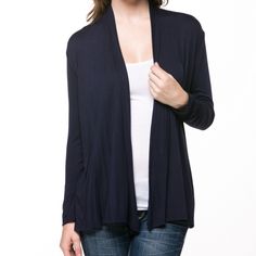 An Irresistibly Comfortable Layering Option In Supersoft Stretch Fabric, This Versatile Solid-Hued Cardi Flatters And Streamlines With Its Gently Draped Front Panels. 95% Rayon / 5% Spandex Hand Wash; Hang Dry Made In The Usa Color Navy Blue Stretch V-neck Cardigan, Versatile Open Front Sweater For Layering, Versatile Open Front Solid Top, Solid Open Front Layering Top, Open Front Layering Top, Versatile Stretch Cardigan For Layering, Versatile Long Sleeve Cardigan, Versatile Open Front Cardigan For Layering, Versatile Open Front Tops For Fall