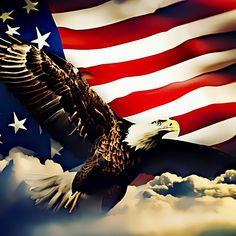 an eagle flying in front of the american flag with clouds and blue sky behind it