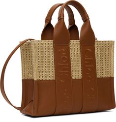 Woven faux-raffia and LWG-certified grained calfskin tote in beige and brown. · Rolled logo-embroidered carry handles · Adjustable and detachable crossbody strap · Open throat · Patch pocket at interior · Twill lining · H8 x W10 x D3.5 Supplier color: Caramel Summer Tote Bags, Bold Logo, Woven Raffia, Bags Aesthetic, Caramel Color, Medium Tote, Chloe Bag, Small Tote, Fabric Bag