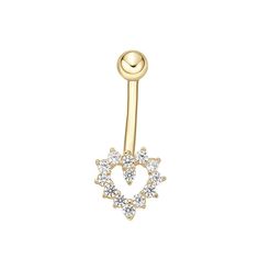 You'll love the charming style this 14k gold cubic zirconia heart belly ring has to offer. You'll love the charming style this 14k gold cubic zirconia heart belly ring has to offer. Length: 12 mm Gauge: 16g Thread: external Metal: 14k gold Finish: polished Packaging: pouchSTONE DETAILS Stone type: cubic zirconia Total weight: 1/8 ct. Center stone size: 1 mm x 1 mm Shape: round Setting: prong Gemstones may have been treated to enhance their appearance. Special care may be required. Please visit o Gold Heart Belly Button Piercing, Heart Belly Button Ring, Elegant Heart-shaped Wedding Belly Rings, Gold Heart Belly Button Ring, Heart Navel Ring, Elegant 14k Gold Belly Rings For Gift, Elegant Heart-shaped Belly Rings, Pink Heart-shaped Belly Rings For Gift, Silver Cat Pendant