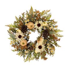 a wreath with flowers and pine cones on it