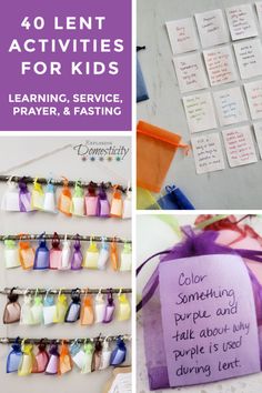 four different activities for kids to learn and practice prayer, sayings, and crafts