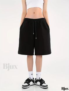 Bjux - High-Quality Drawstring Mid-Length Pants with Solid Design, Slant Pockets, and Comfortable Fit - Ideal for Casual and Sports Fashion - Womens Apparel Sporty Baggy Bottoms With Drawstring, Basic Sports Bottoms For Spring, Basic Stretch Bottoms For Leisure, Baggy Sporty Shorts, Sporty Baggy Bottoms With Built-in Shorts, Knee Length Pants, Womens Apparel, Letter Design, Street Style Summer