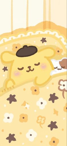 a yellow teddy bear sleeping on top of a bed