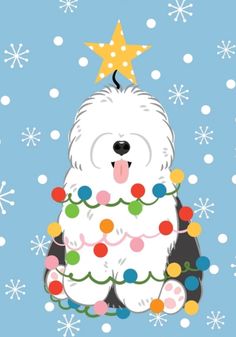 a white dog sitting on top of a christmas tree with a star above its head