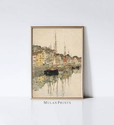 a painting hanging on the wall next to a white wall with a boat in it