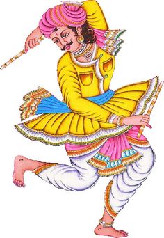 a painting of a man in yellow and white clothes dancing with his hands on his hips