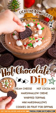 a poster for a hot chocolate dip with cookies and marshmallows