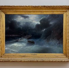 an oil painting of a ship in rough seas with storm clouds above it and another boat on the water