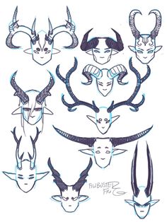 some drawings of horned heads and horns