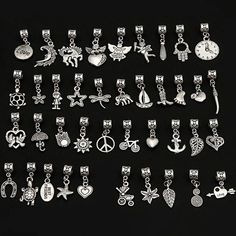 40 pieces: Assorted European bead dangle charmsMaterial: antiqued silver alloyAssorted sizes5mm bead hole Rope Bracelets Diy, Bead Dangles, Beads For Sale, Beaded Jewelry Patterns, Old Jewelry, Charm Set, Religious Jewelry, Dangle Charms, Lovely Jewellery