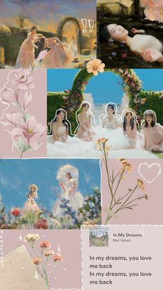 a collage of photos with flowers and pictures on them, including two women in dresses