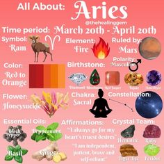 all about aries poster with the zodiac signs and their corresponding names in red, white,