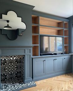 Alcove unit with tv and shelving above. Herringbone oak floor. Wall Unit Ideas, Alcove Storage Living Room, Decoration Ideas Living Room, Alcove Units, Alcove Storage, Media Walls