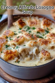 creamy alfredo lasagna soup in a bowl