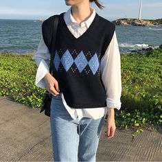 Vintage Geometric Argyle V-Neck Sleeveless Knitted Vest Sweater – Tomscloth Blue V-neck Tank Top For Fall, Blue Sleeveless Sweater Vest For Winter, Fitted V-neck Sweater Vest, Women Sweater Vest, Korean Casual Outfits, Korean Girl Fashion, Sleeveless Pullover, Women Sweater, Vest Outfits