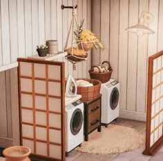 there is a laundry room with two washers and dryer in front of it