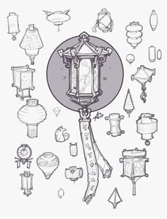 a drawing of a lantern surrounded by other lanterns and objects that are drawn in black and white