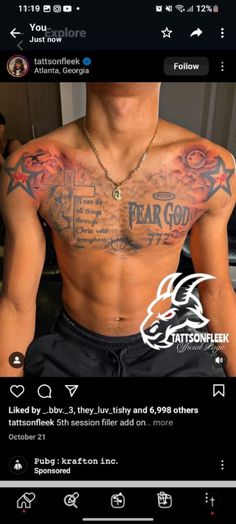 an image of a man with tattoos on his chest