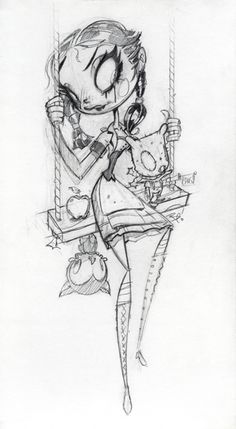 a drawing of a girl holding a clock and looking at her reflection in the mirror