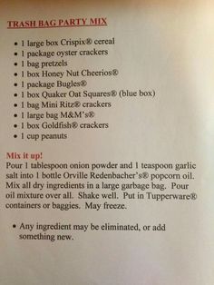 a recipe for trash bag party mix is shown in the bottom left corner of this page