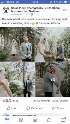 the bride and groom are posing for pictures in their wedding day attire, which is being shared on facebook