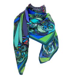 Blue /Green Universe, 110cm Square Silk Scarf This is a design that developed from a drawing inspired by nature and the mystery of the ever evolving Universe. There are layers of drawing all coming together to become this magic design of ideas. The green and blues are representative of nature with hints of reds, yellow and orange in there to bring it all to life. Well, thats my interpretation and see what you envision in there. It comes as a long scarf also and also in a purple version. A design Artsy Blue Art For Collection, Green Universe, Luxury Green Silk Scarf, Luxury Green Silk Scarf With Floral Print, Rectangular Green Silk Scarf, Artistic Green Silk Scarf, Artistic Blue Silk Scarves, Green Beetle, Designer Silk Scarves