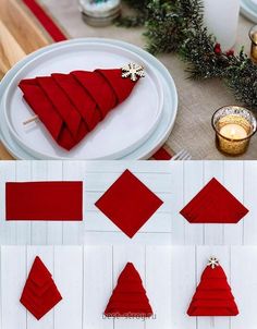 the table is set with red napkins and place settings for christmas dinner party decorations