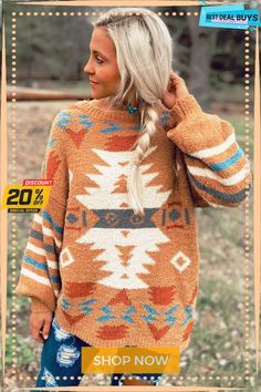 Aztec Print Long Sleeve Tunic Knitted Sweater Winter Brown Tops With Fair Isle Pattern, Brown Fair Isle Winter Top, Winter Fair Isle Pattern Brown Tops, Trendy Crew Neck Sweater With Fair Isle Pattern, Trendy Crew Neck Fair Isle Sweater, Trendy Fair Isle Pattern Crew Neck Sweater, Brown Knitted Acrylic Tops, Brown Acrylic Knitted Tops, Casual Brown Top With Fair Isle Pattern