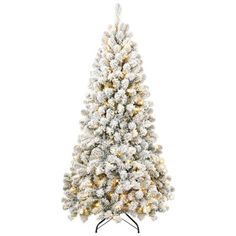 a white christmas tree with lights and snow on the branches, against a white background