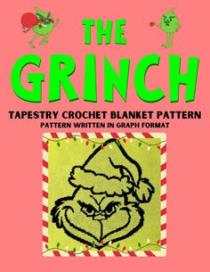 the grinch tapestry crochet blanket pattern is featured on a pink background with red and green stripes