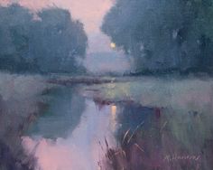 an oil painting of trees and water in the evening light, with purple hues