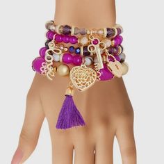 Br590 Purple Multi Strand Glass Stretch Bracelets Trendy Purple Beaded Bracelets For Party, Bohemian Purple Bracelets For Party, Bohemian Purple Bracelet For Party, Gold Flower Bracelet, Scarab Bracelet, Green Beaded Bracelets, Womens Bangles, Hemp Bracelets, Elephant Bracelet