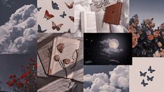 a collage of images with books, flowers and butterflies in the sky above them