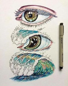 a drawing of two eyes with water splashing on them and one eye has the same color